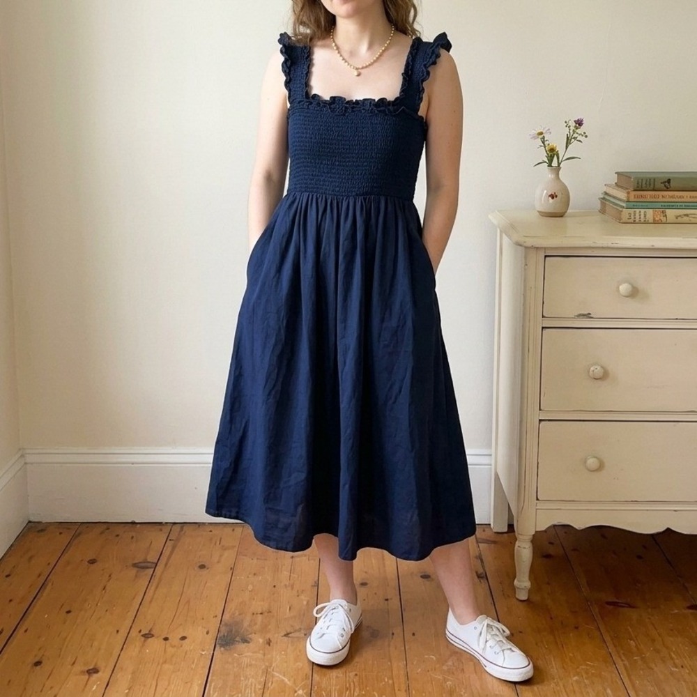 Petite Plume Womens Dress Large Navy Blue Smocked Ruffle Strap Coastal Cottage